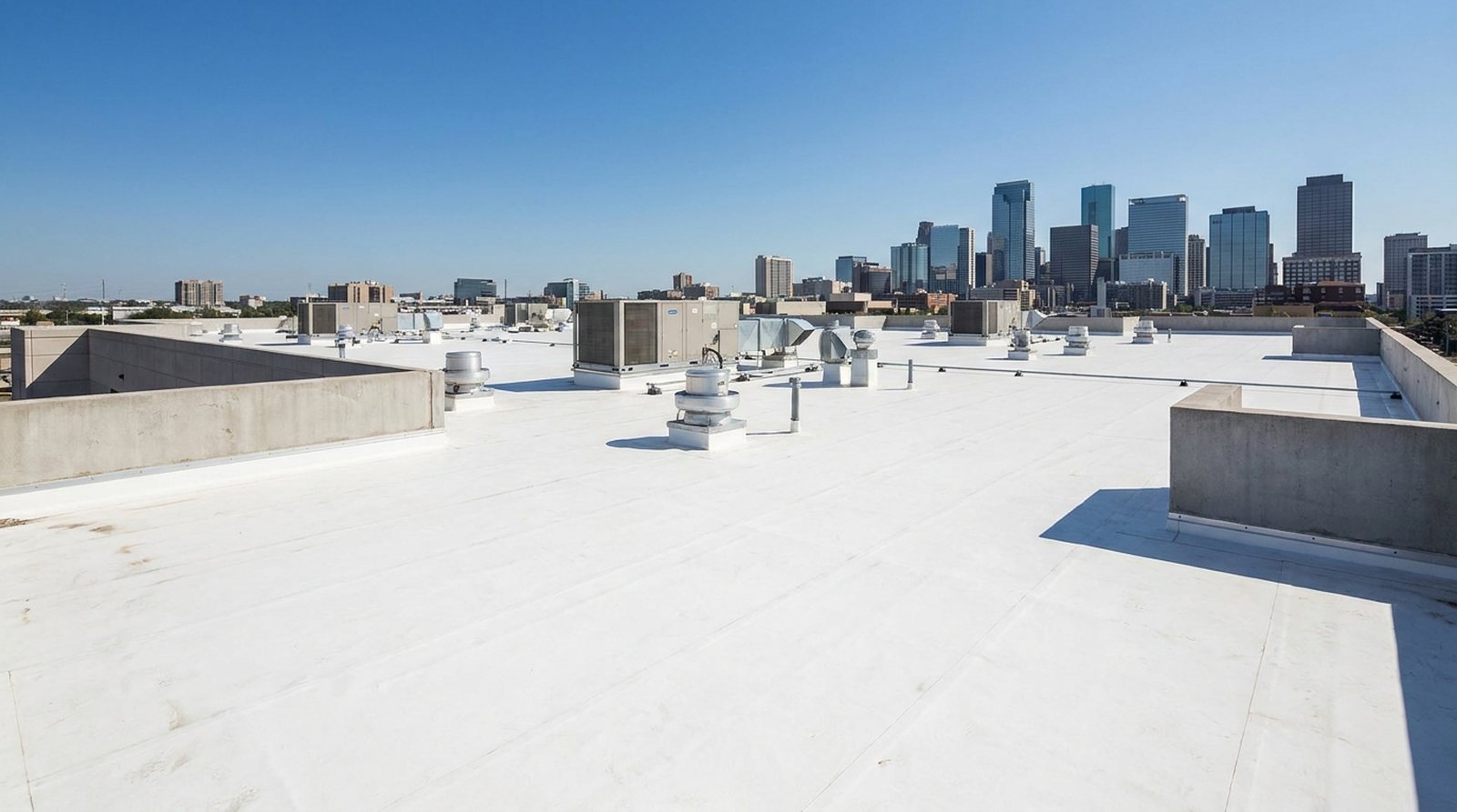 A white TPO membrane commercial roof with the Denver skyline behind it