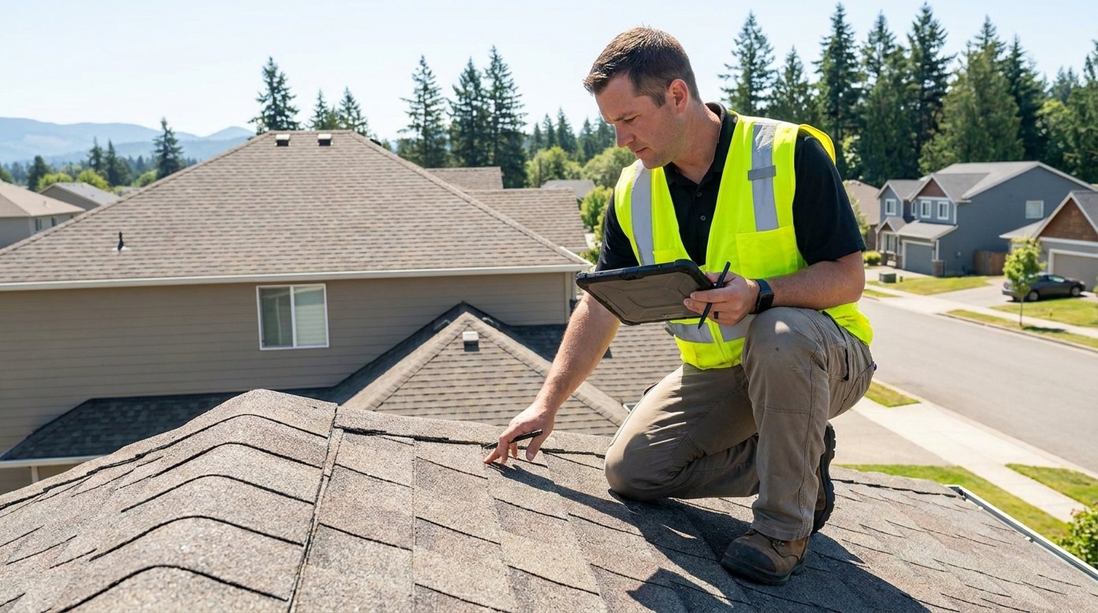 A roof inspector documenting shingle condition on a residential roof