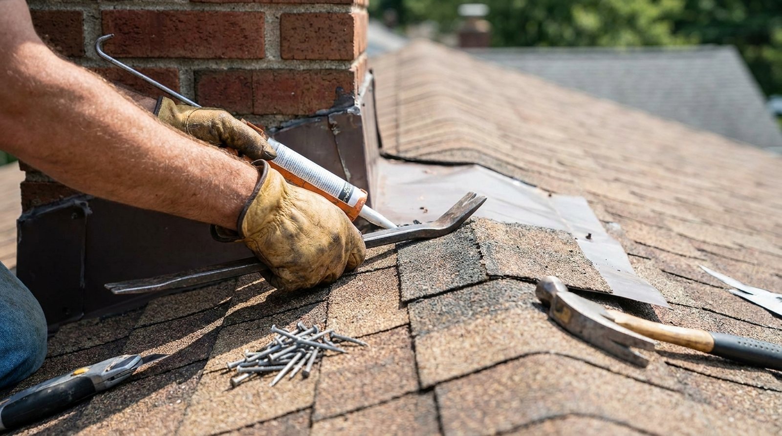 A roofer sealing chimney flashing during a residential roof repair