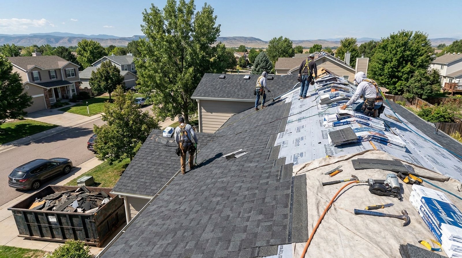 Roofers installing a new architectural shingle roof on a Denver-area home