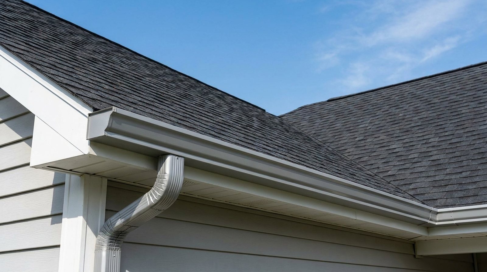 Newly installed seamless aluminum gutter and downspout on a home