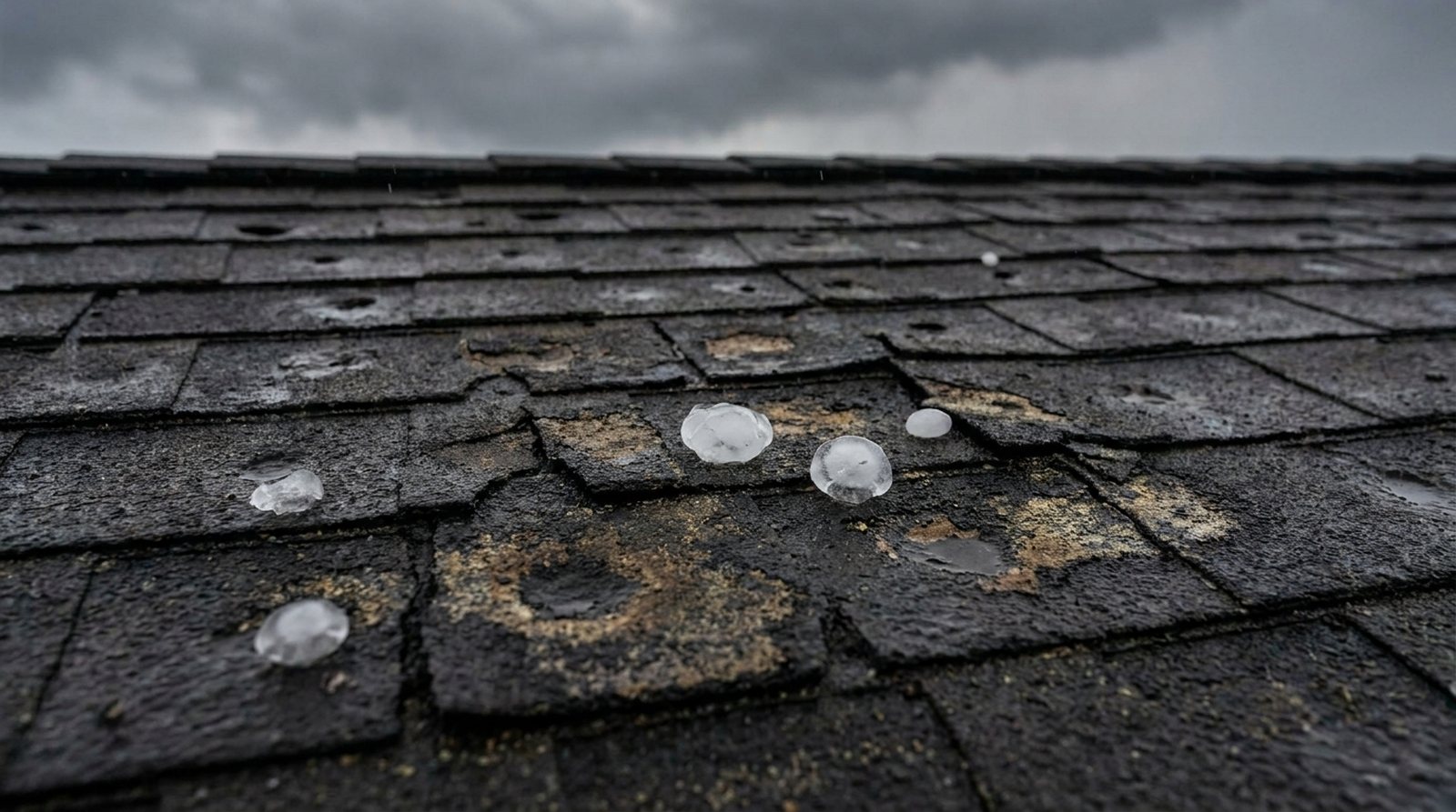 Hail-damaged asphalt shingles on a Denver roof after a Front Range storm
